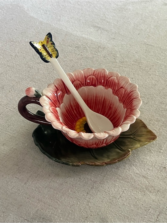 Other - Whimsical Flower Ceramic Tea Cup and Saucer Set with Butterfly Spoon